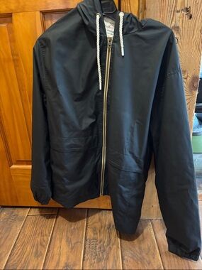 Weatherproof Black Hooded Zip Windbreaker with Contrast Drawcords
